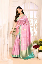 Pink Pure Katan Silk Banarasi Handloom Saree With Kadhua Boota